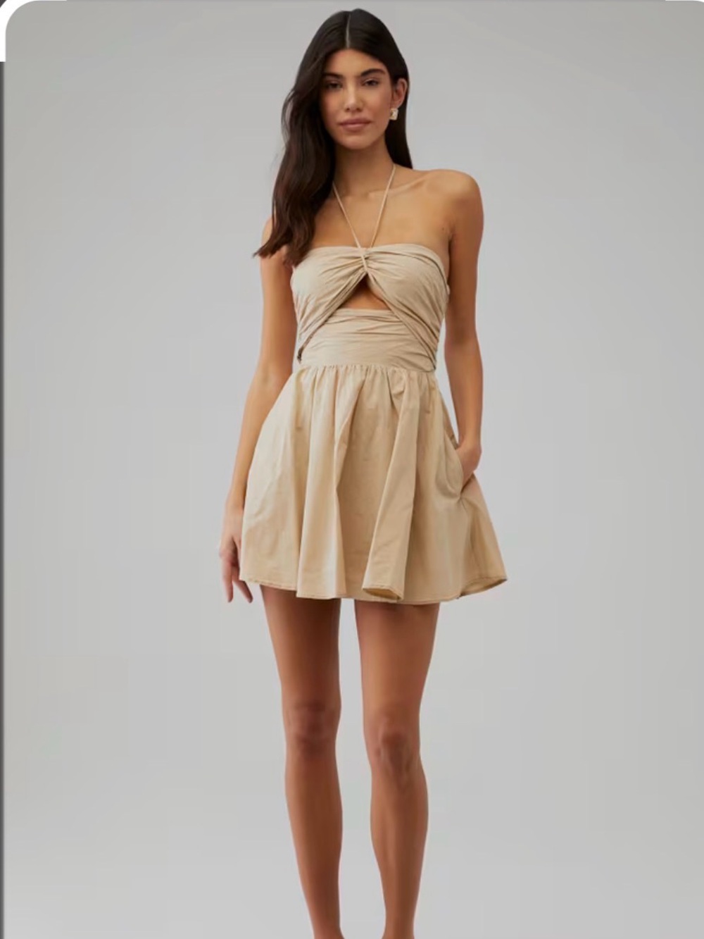 NIA Tan Halter Mini Dress Twist Front Cutout Fit Flare Cotton Size L